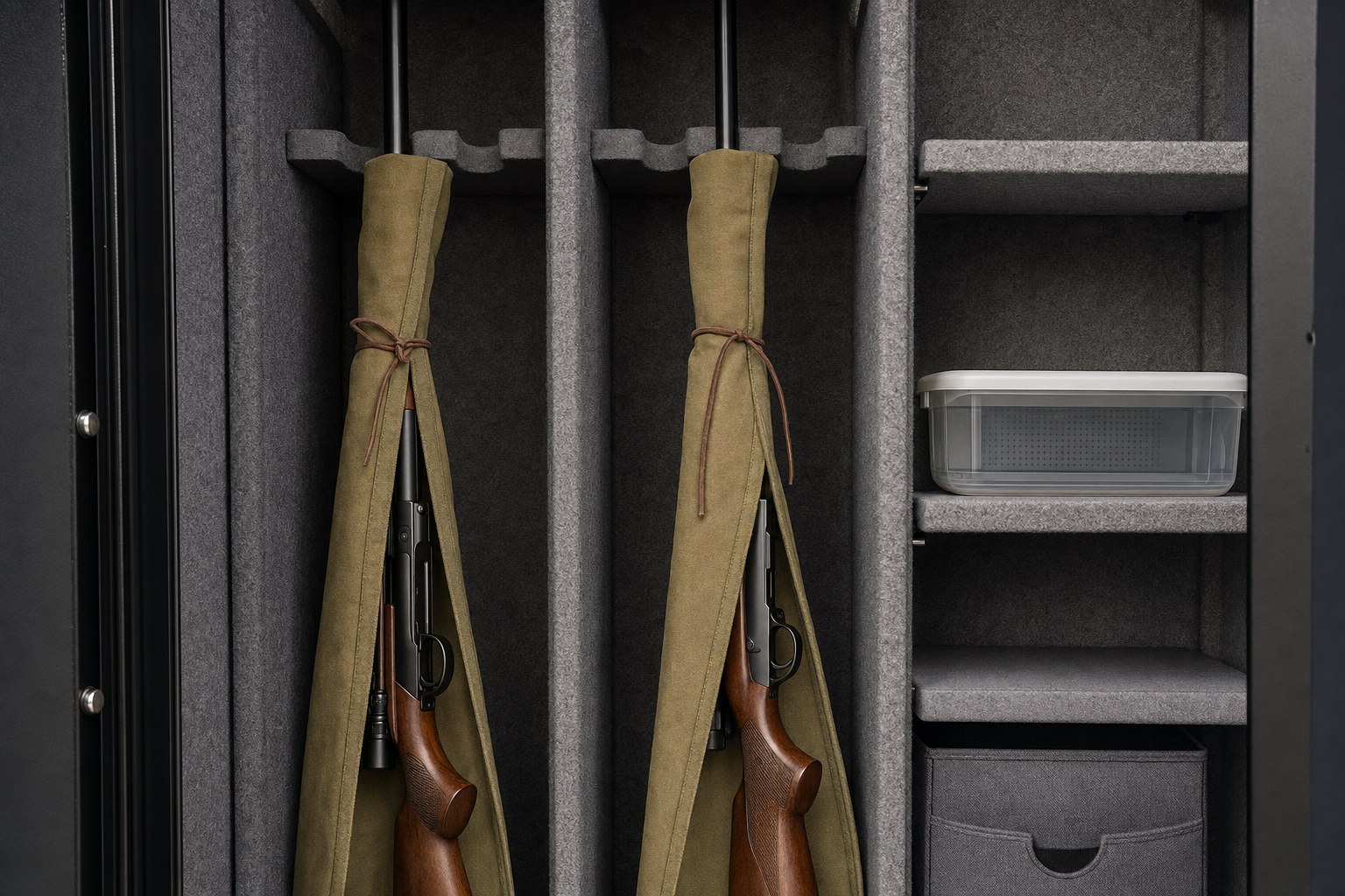 Two rifles in protective sleeves with clear spacing inside an organized firearm safe