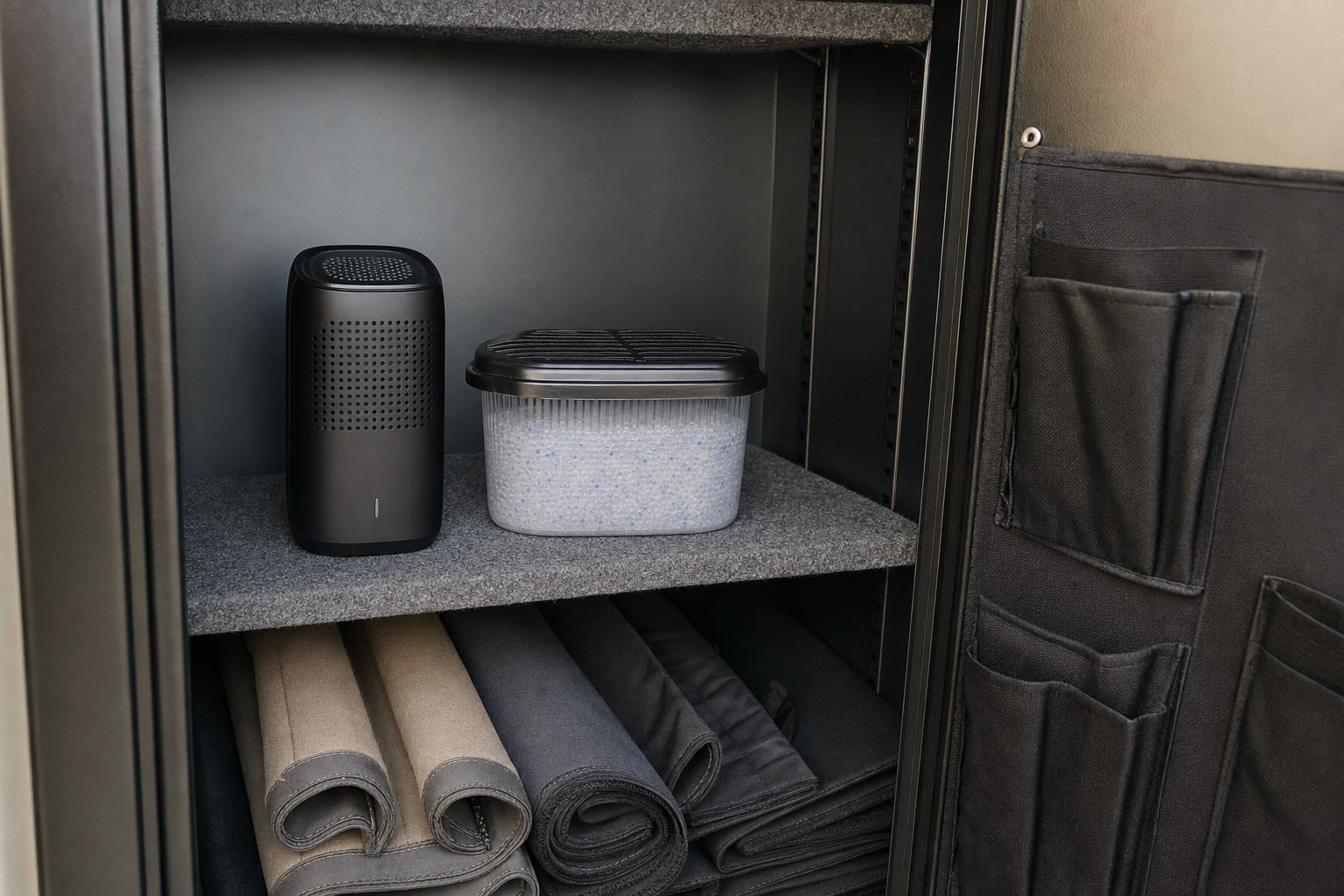 Humidity-control supplies placed visibly on a shelf inside a firearm safe