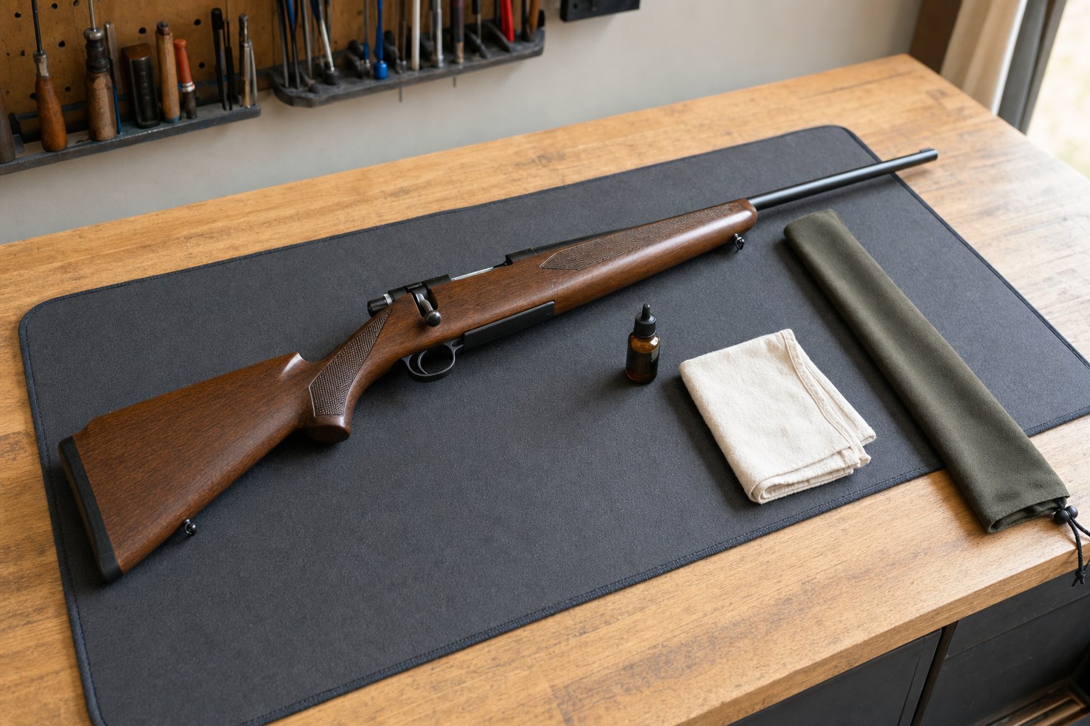 A rifle prepared for storage on a clean bench with a cloth, protective sleeve and care supplies