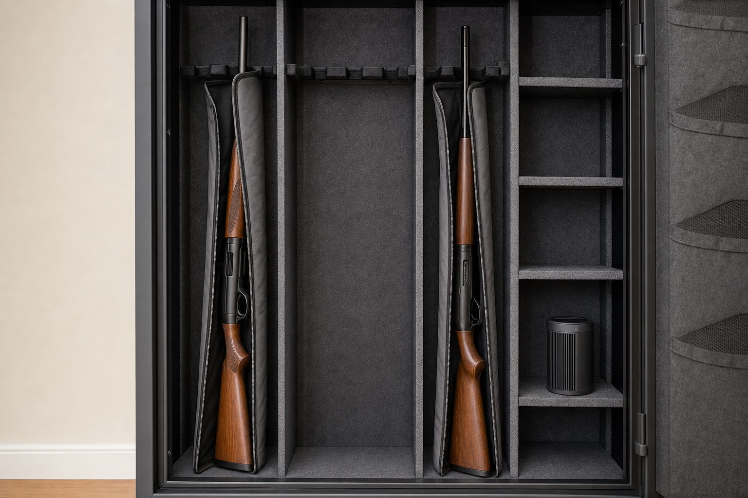 Two shotguns in separate protective sleeves with an open divider space inside a gun safe