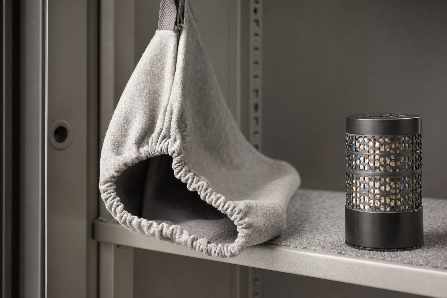 A clean dry cotton storage sleeve beside a moisture-control container on a safe shelf