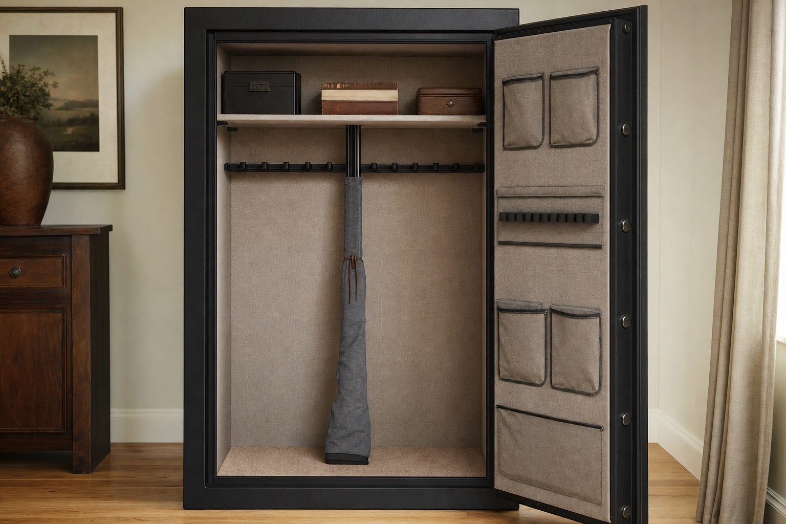 A shotgun in a protective sleeve stored upright in an organized home safe