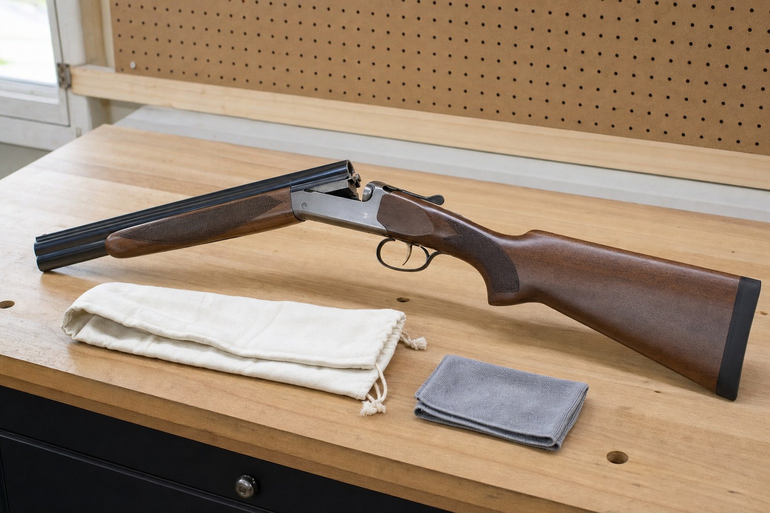 An unloaded break-action shotgun on a clean bench beside a cotton sleeve and microfiber cloth