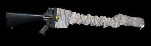 A Sack-Ups storage sleeve for a compact rifle or carbine, shown as part of an organized storage routine