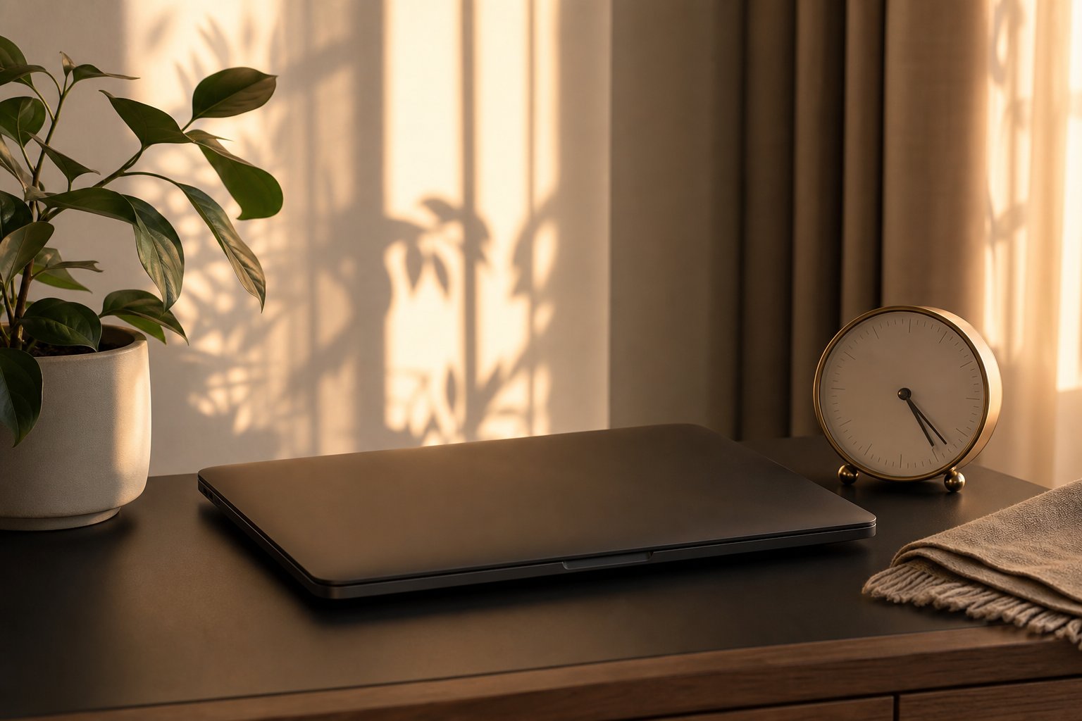 A closed laptop and clock at the end of a workday