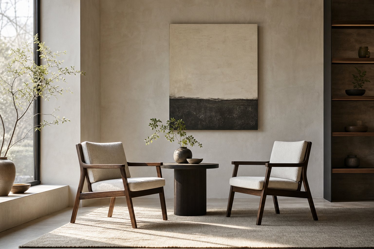 Two chairs facing each other in a calm meeting room