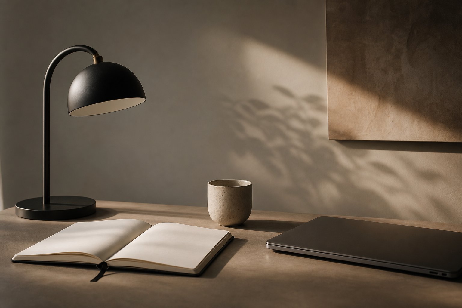 A quiet desk with a notebook, lamp, and closed laptop