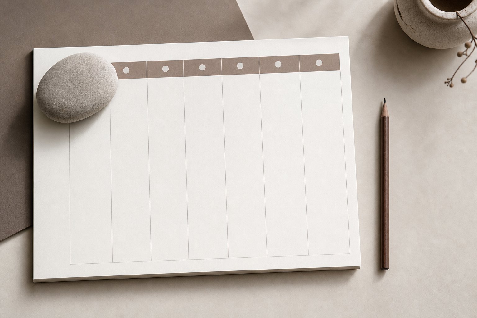A blank weekly planner with a pencil and stone