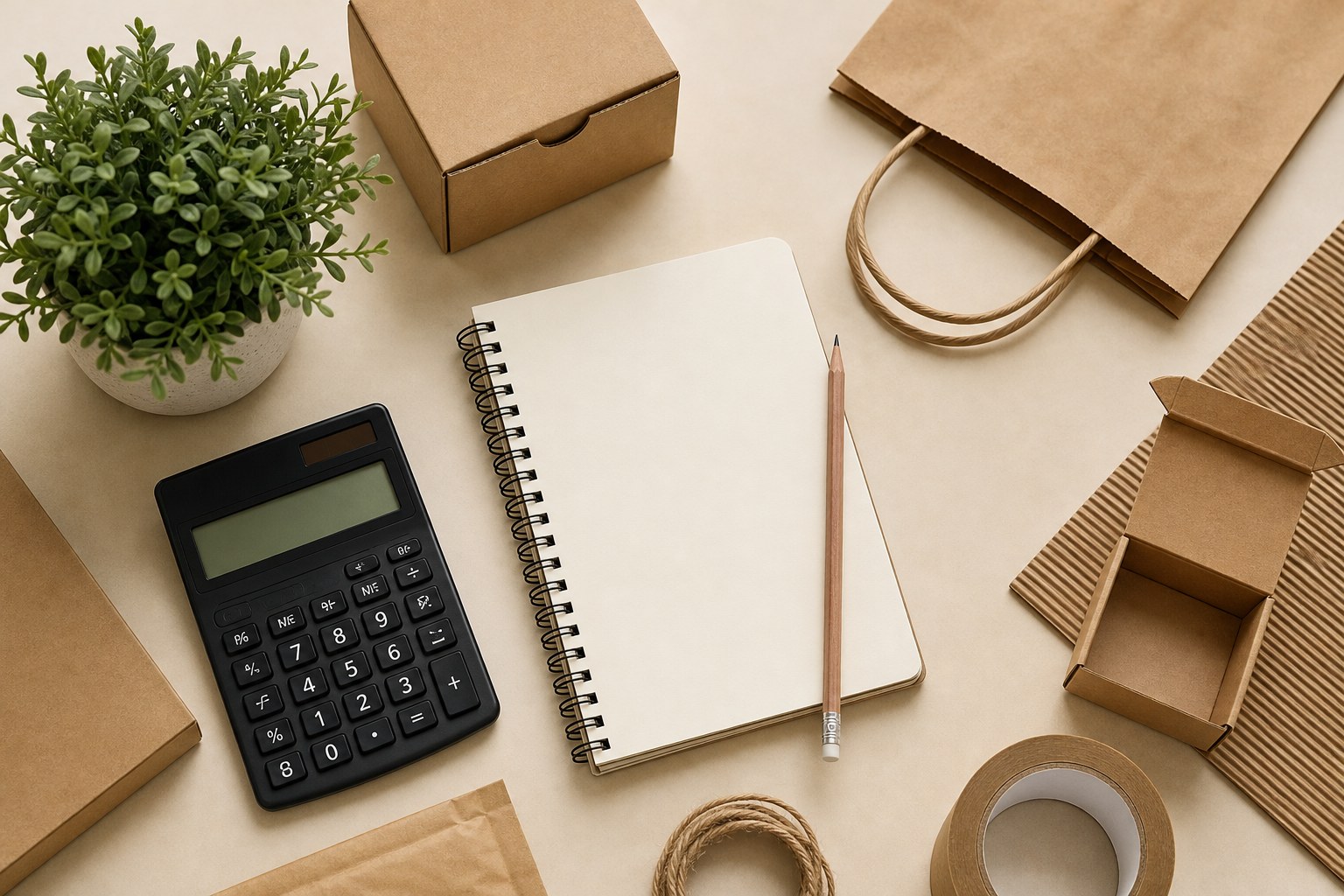 Notebook, calculator and plain packaging arranged for business planning