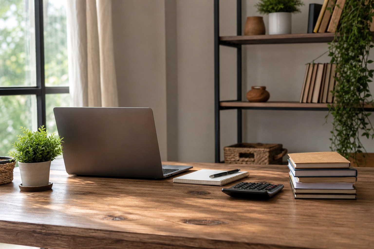Laptop, notebook, calculator and books on a home workspace
