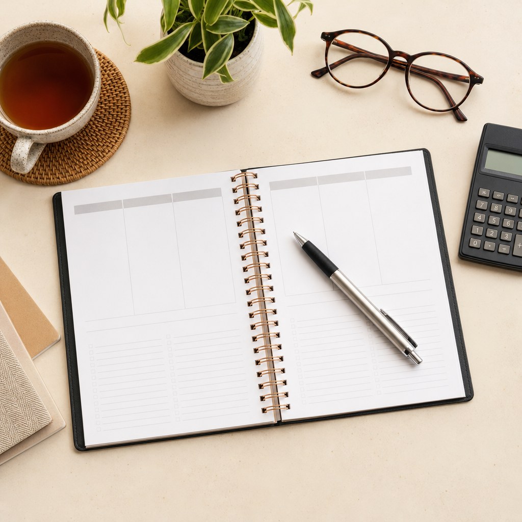 Planner, calculator and pen arranged on a cream desk