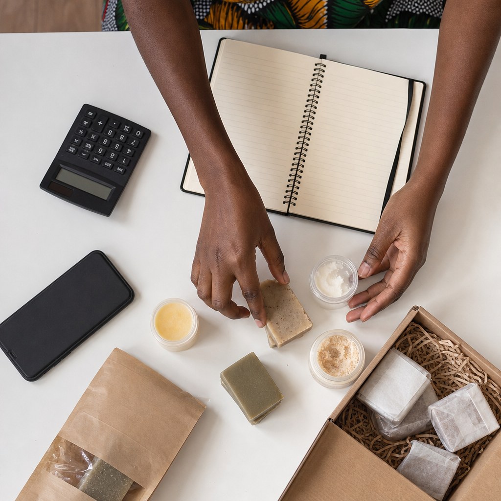 A small maker arranging unbranded product samples beside a notebook and calculator