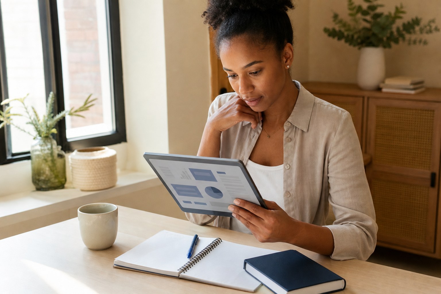 Business owner reading a tablet beside a notebook and ebook