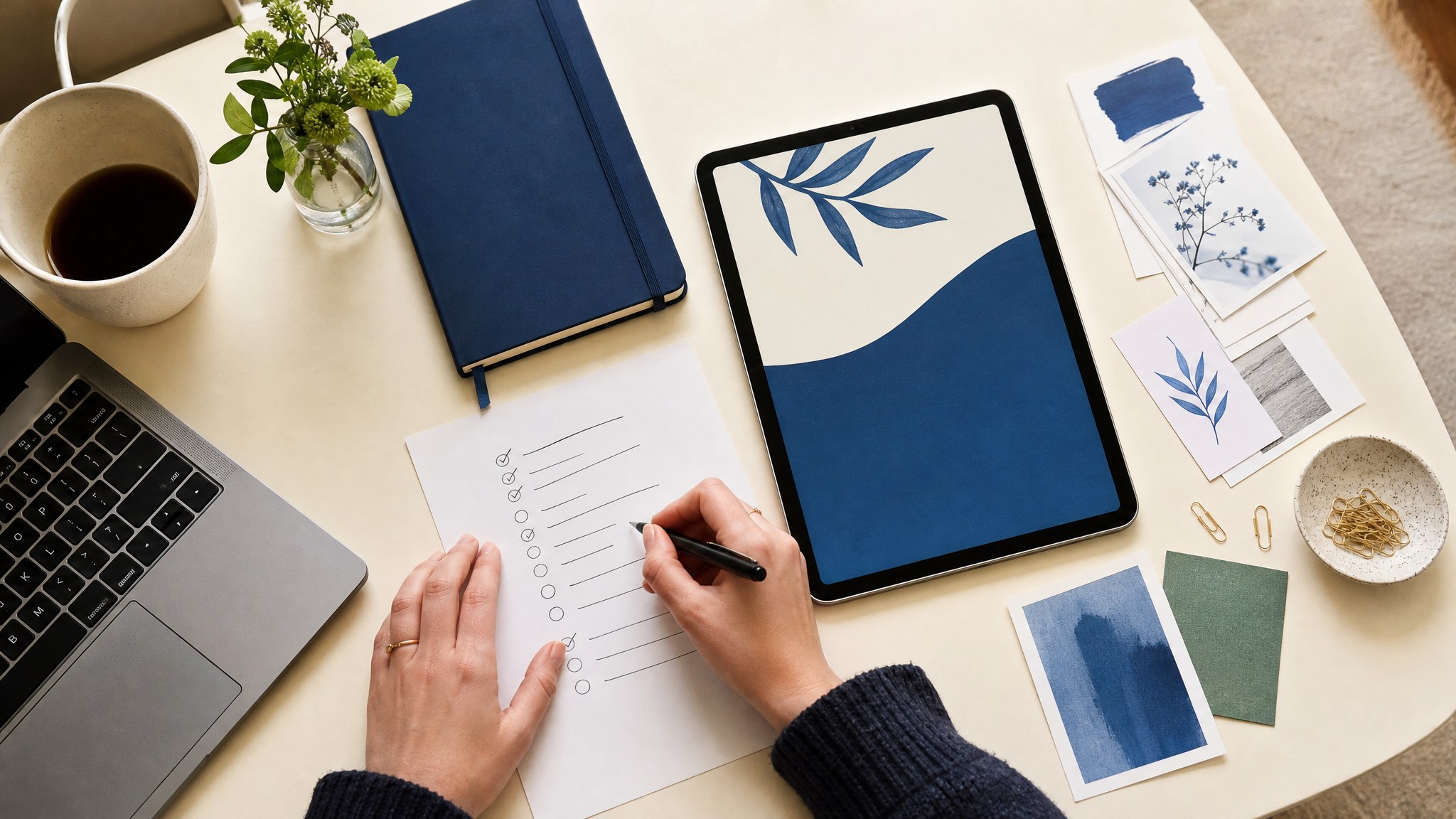 Hands planning an ebook launch beside a tablet, notebook and checklist