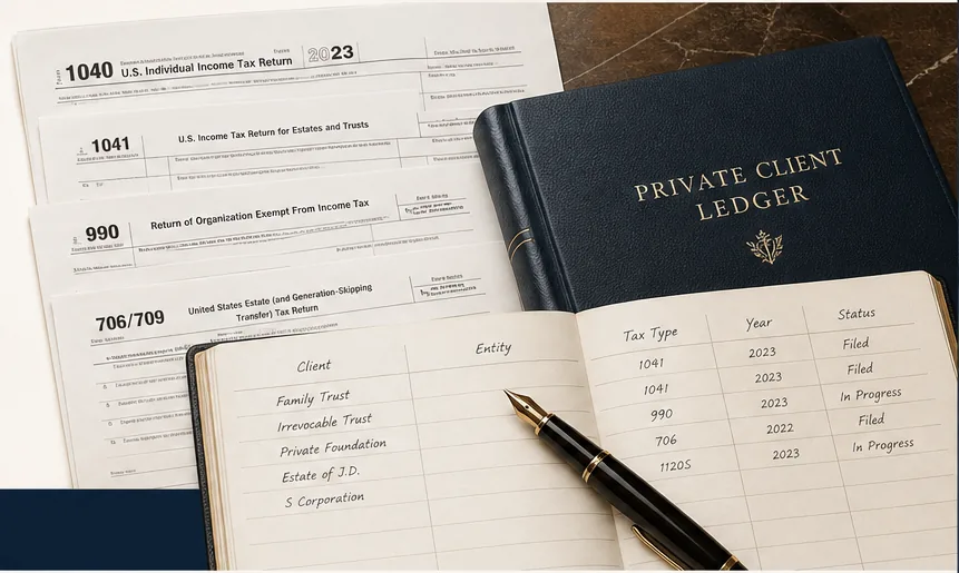 Private client ledger resting on federal tax forms and handwritten return notes