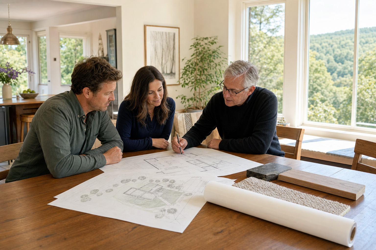 A residential architect and homeowners reviewing home plans at a sunlit Vermont table