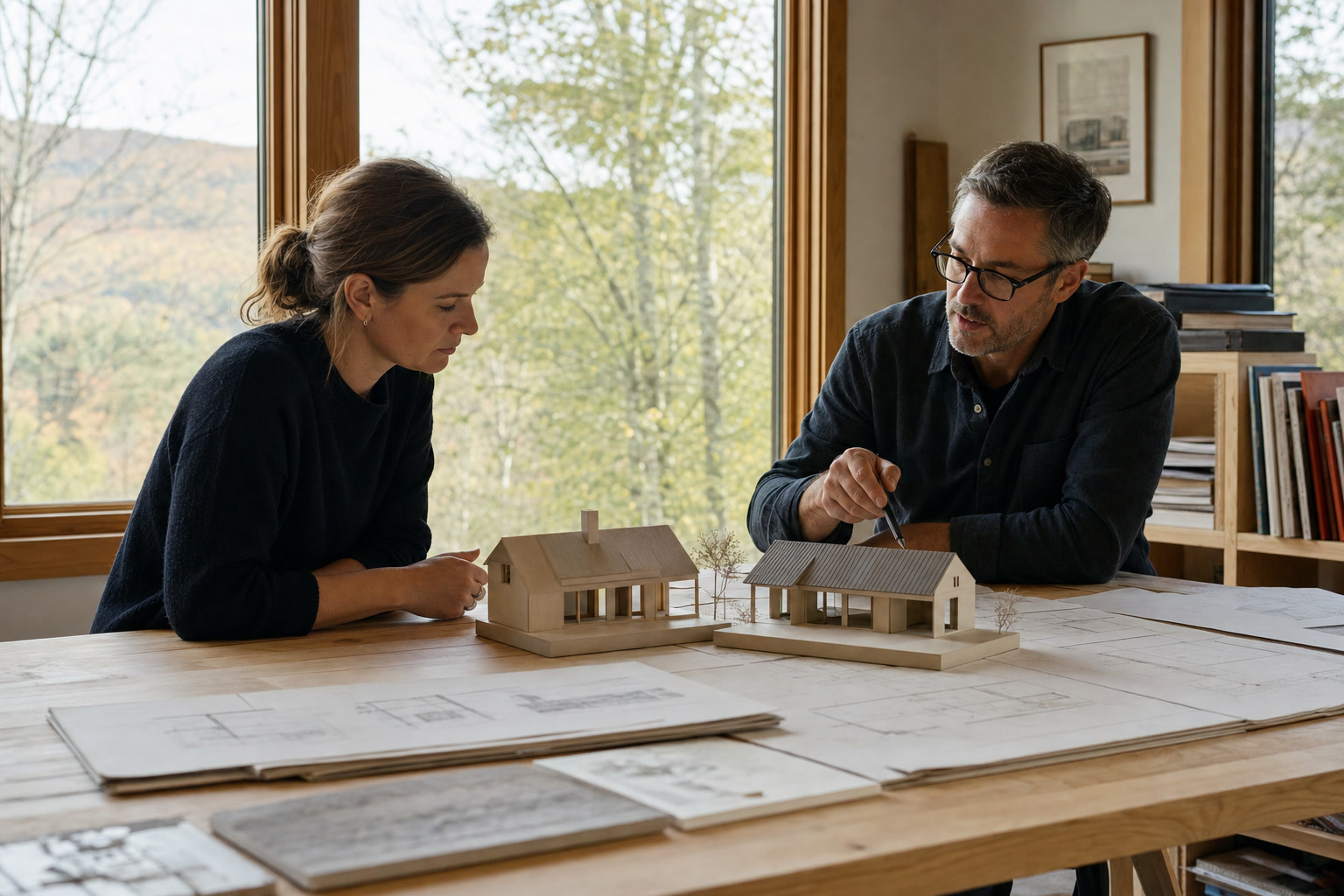 Architect and homeowner comparing physical house models and plan options