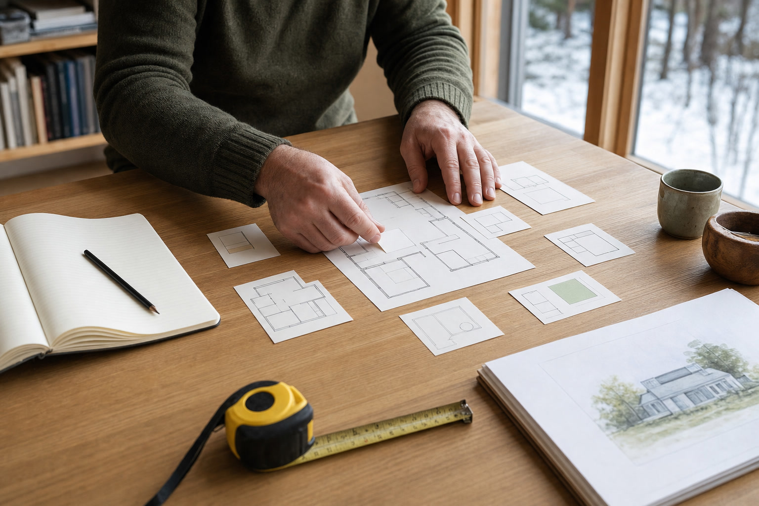 Hands arranging room-priority cards over a simple home floor plan