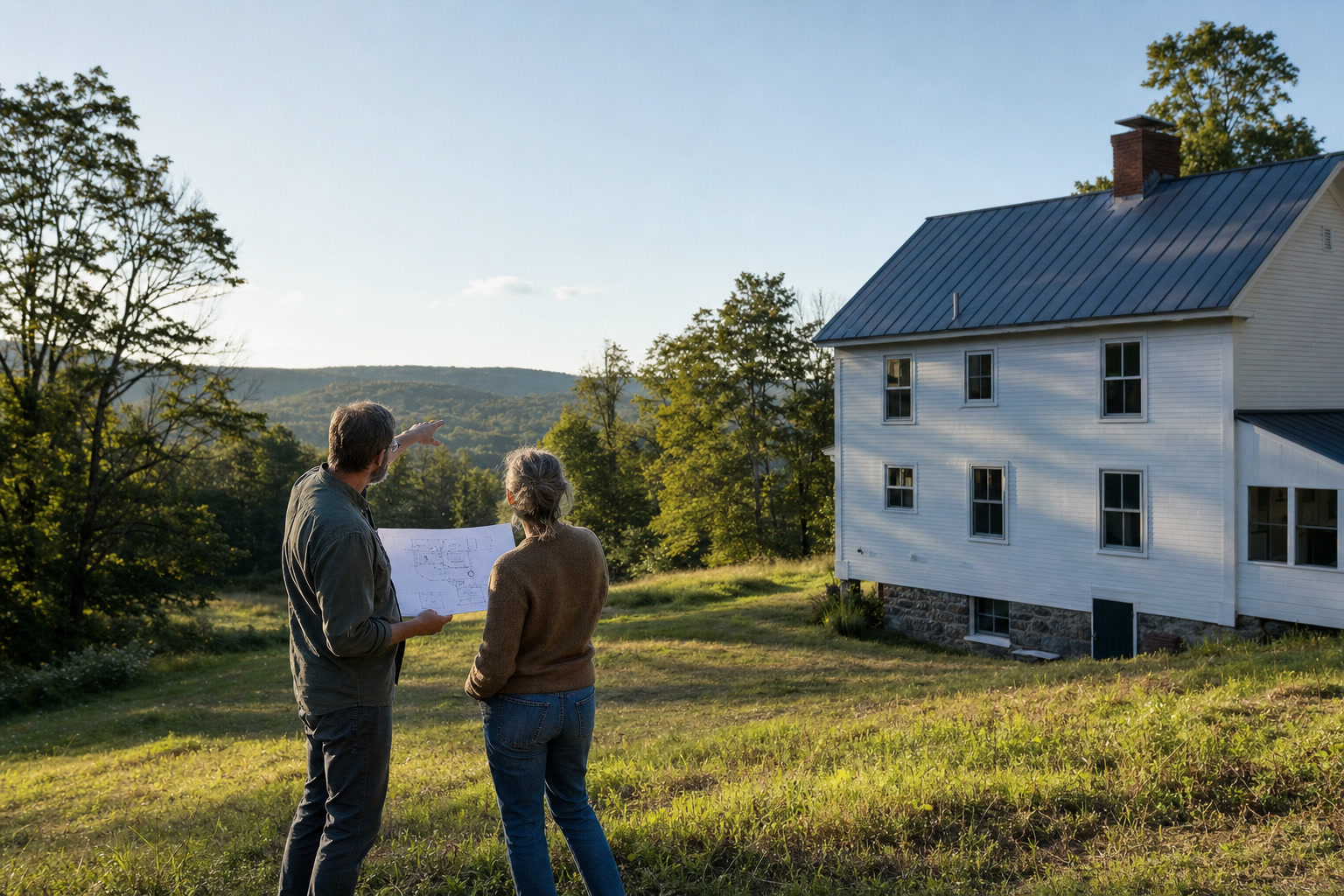 Architect and homeowner discussing a sloping Vermont property beside an older home