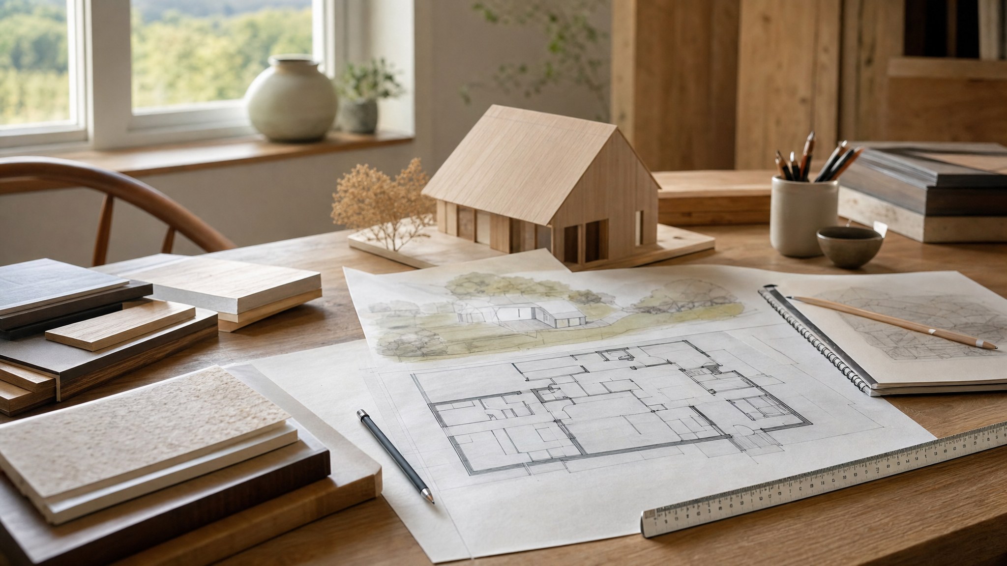 Home plans, material samples, and a small house model on a Vermont design studio table