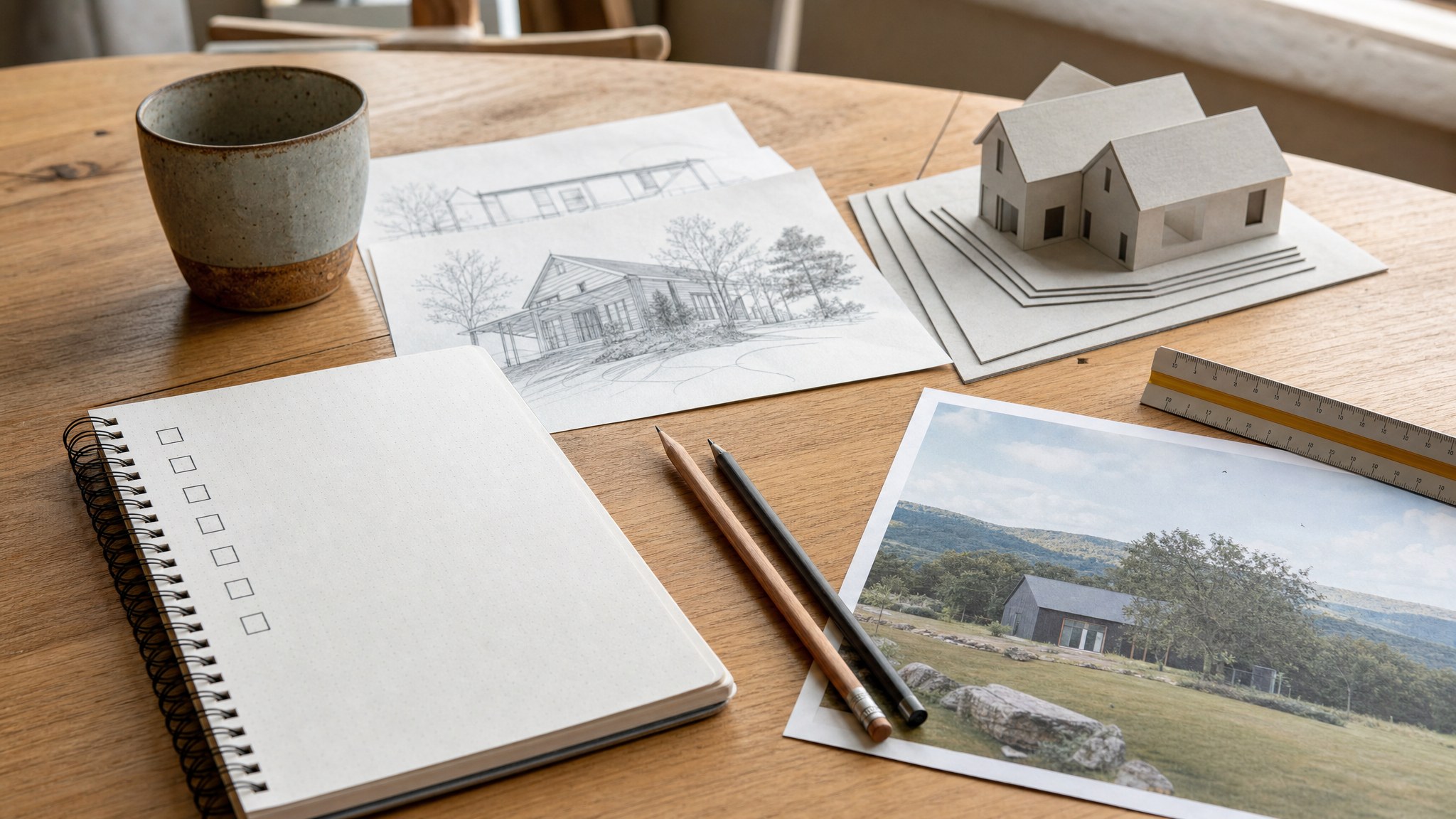 Home sketches, a small house model, a site photo, and a blank question checklist on a wood table