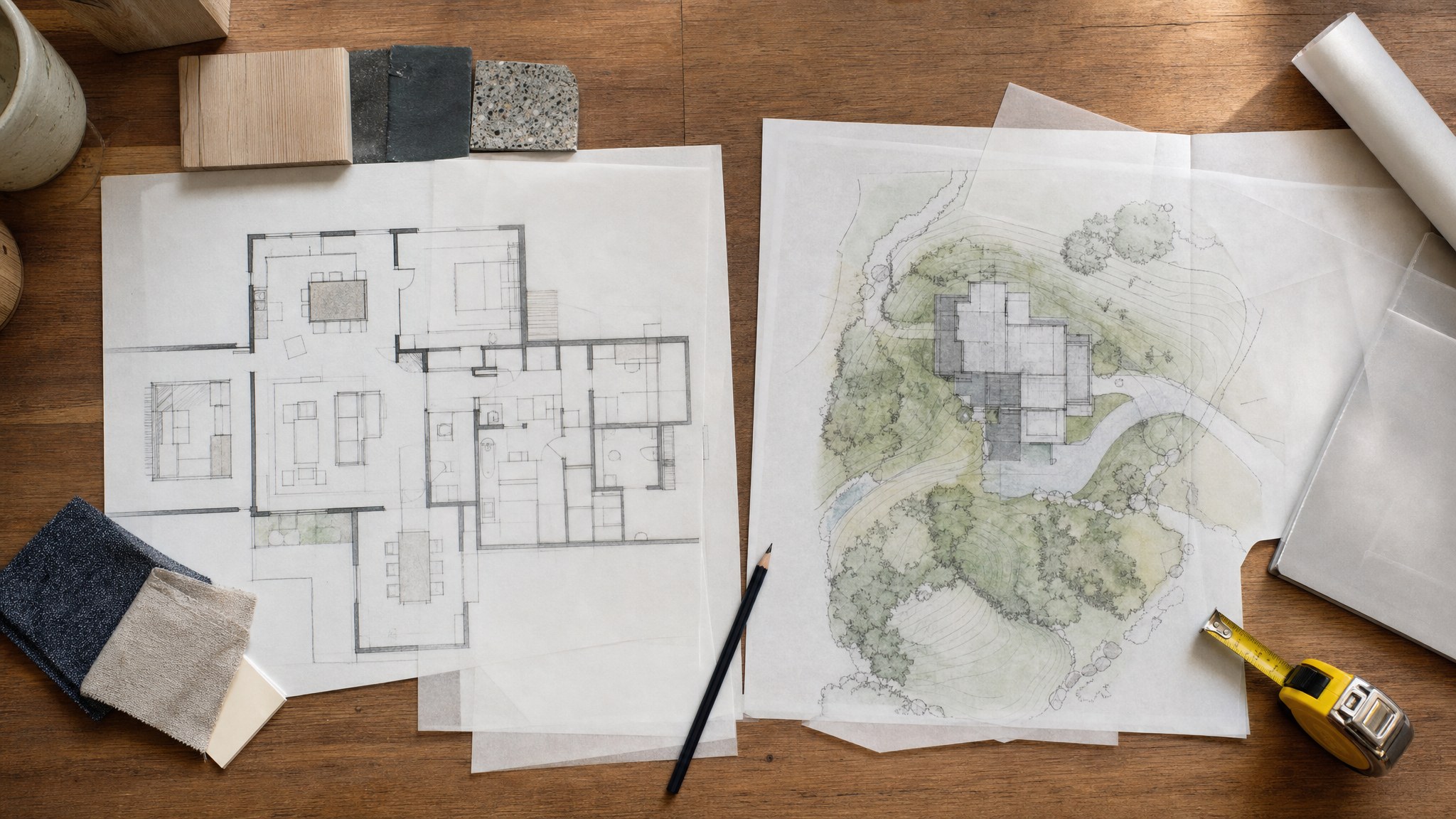 Floor plan and site plan spread across a wood table with material samples and measuring tools