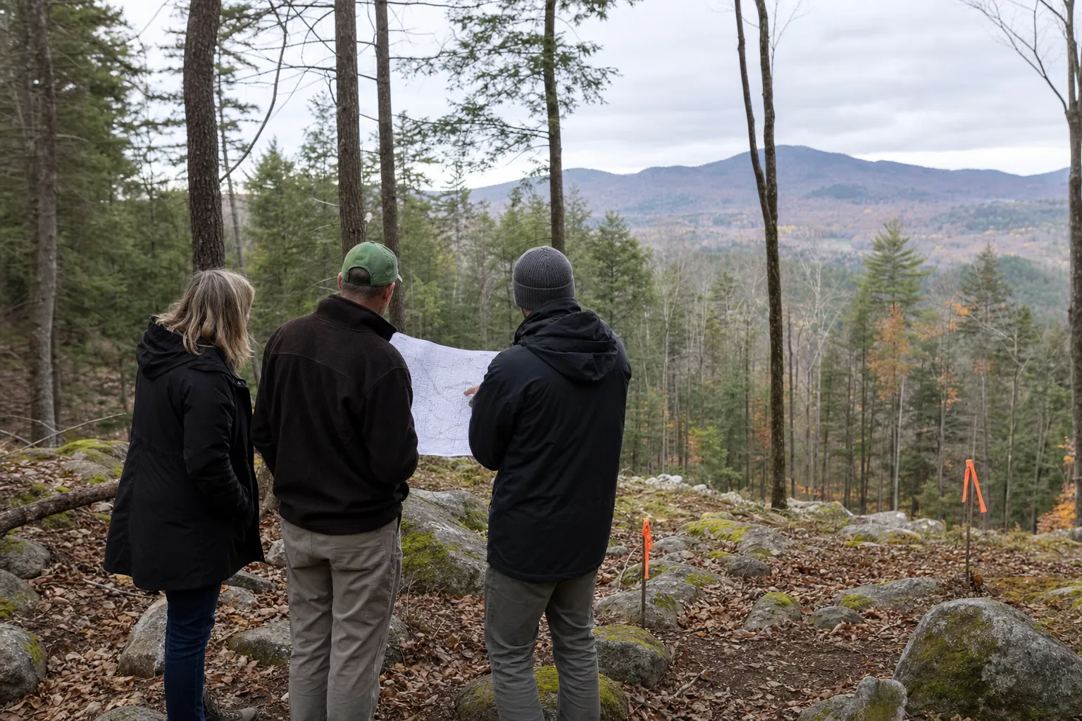 Homeowners and a residential designer reviewing a contour map on a wooded Vermont homesite