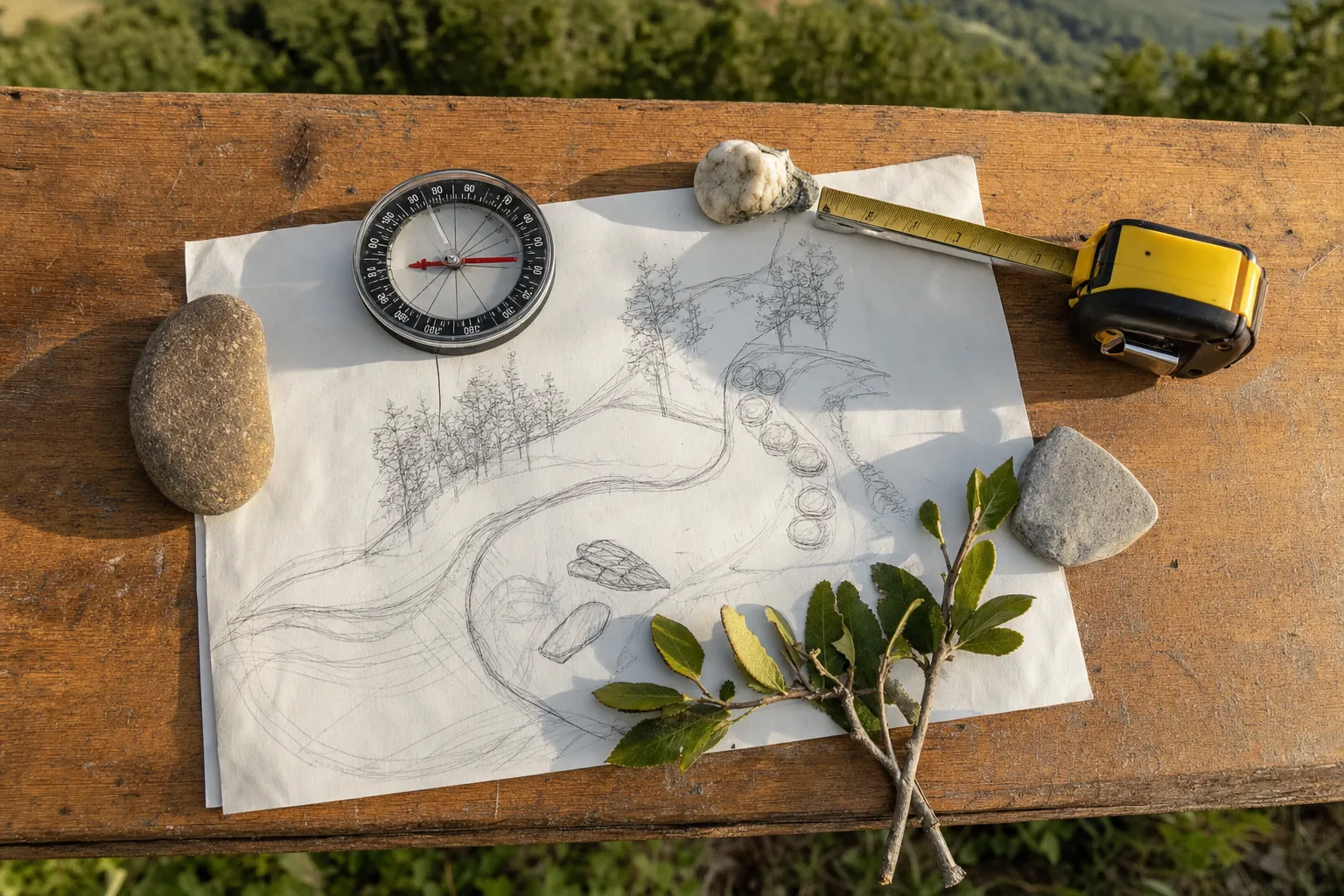 A site sketch, compass, measuring tape, stones, and a branch arranged on a wooden field table
