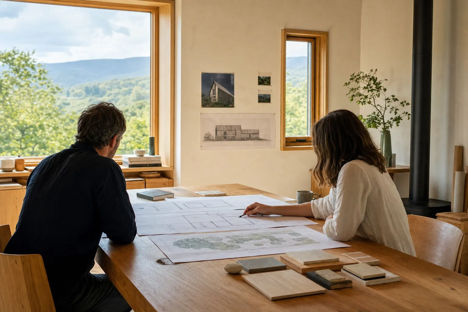 A homeowner and residential architect reviewing house plans in a sunlit Vermont studio