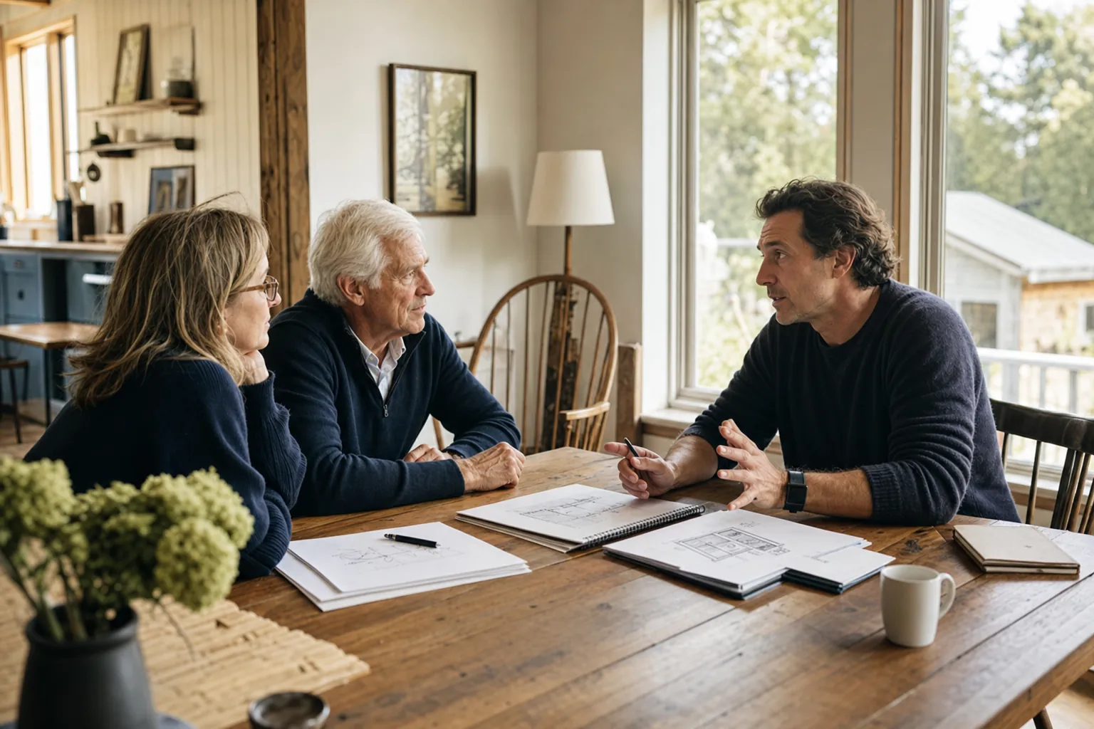 Two homeowners talking with a residential architect over house sketches at a Vermont dining table