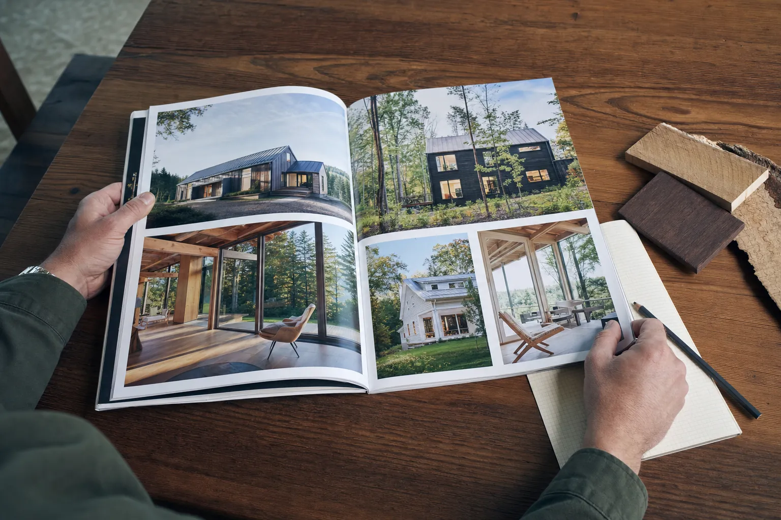 A homeowner reviewing a residential architecture portfolio and wood material samples