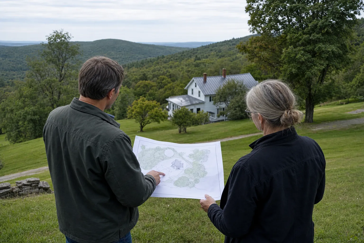 An architect and homeowner reviewing a site plan above a Vermont farmhouse and wooded hills