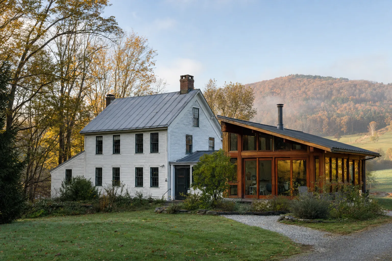 An older Vermont farmhouse thoughtfully joined to a contemporary wood and glass addition