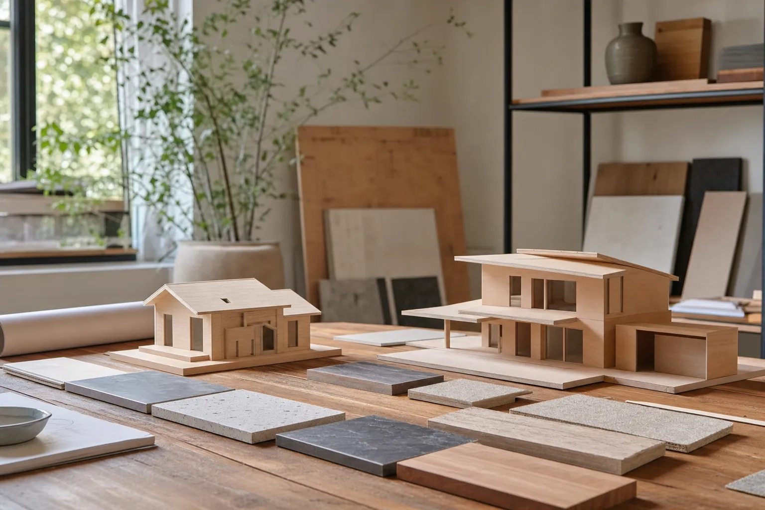 Two small architectural house models and material boards arranged on a design studio table