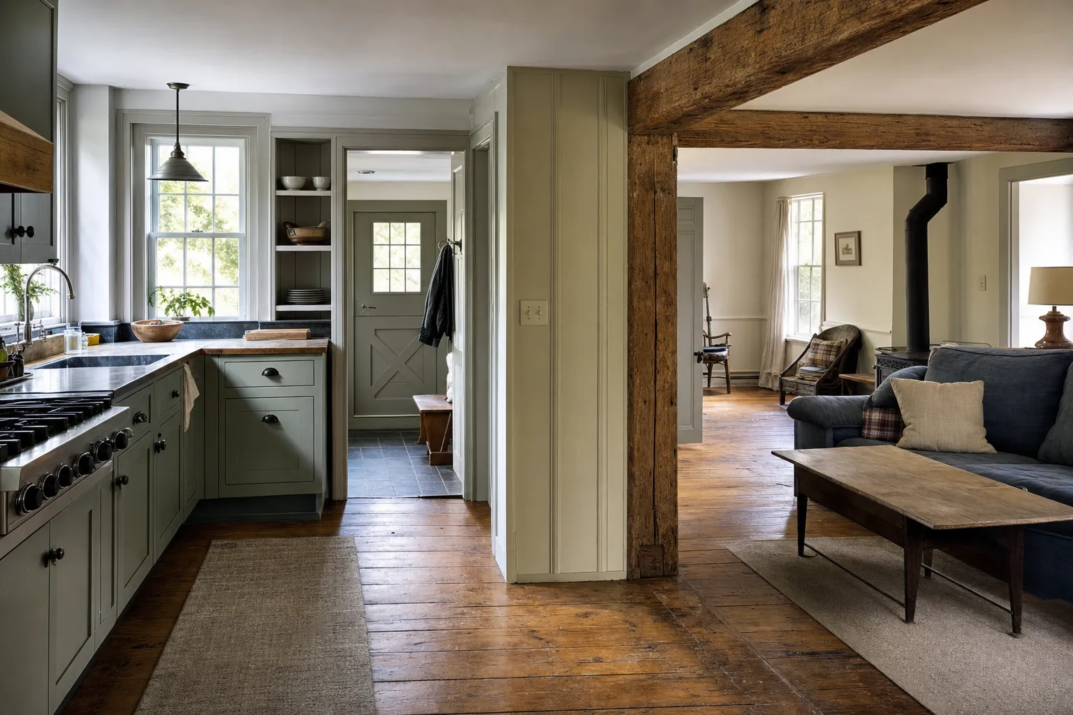 Older Vermont home interior showing a kitchen, mudroom connection, and living room with timber framing