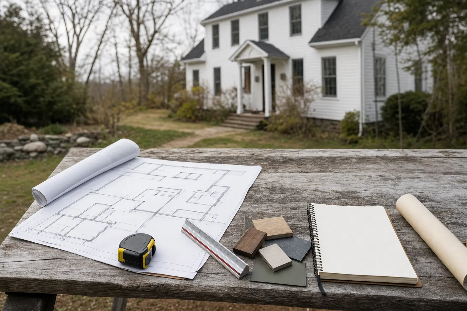 Architectural plans, measuring tools, and material samples arranged outside an existing Vermont home