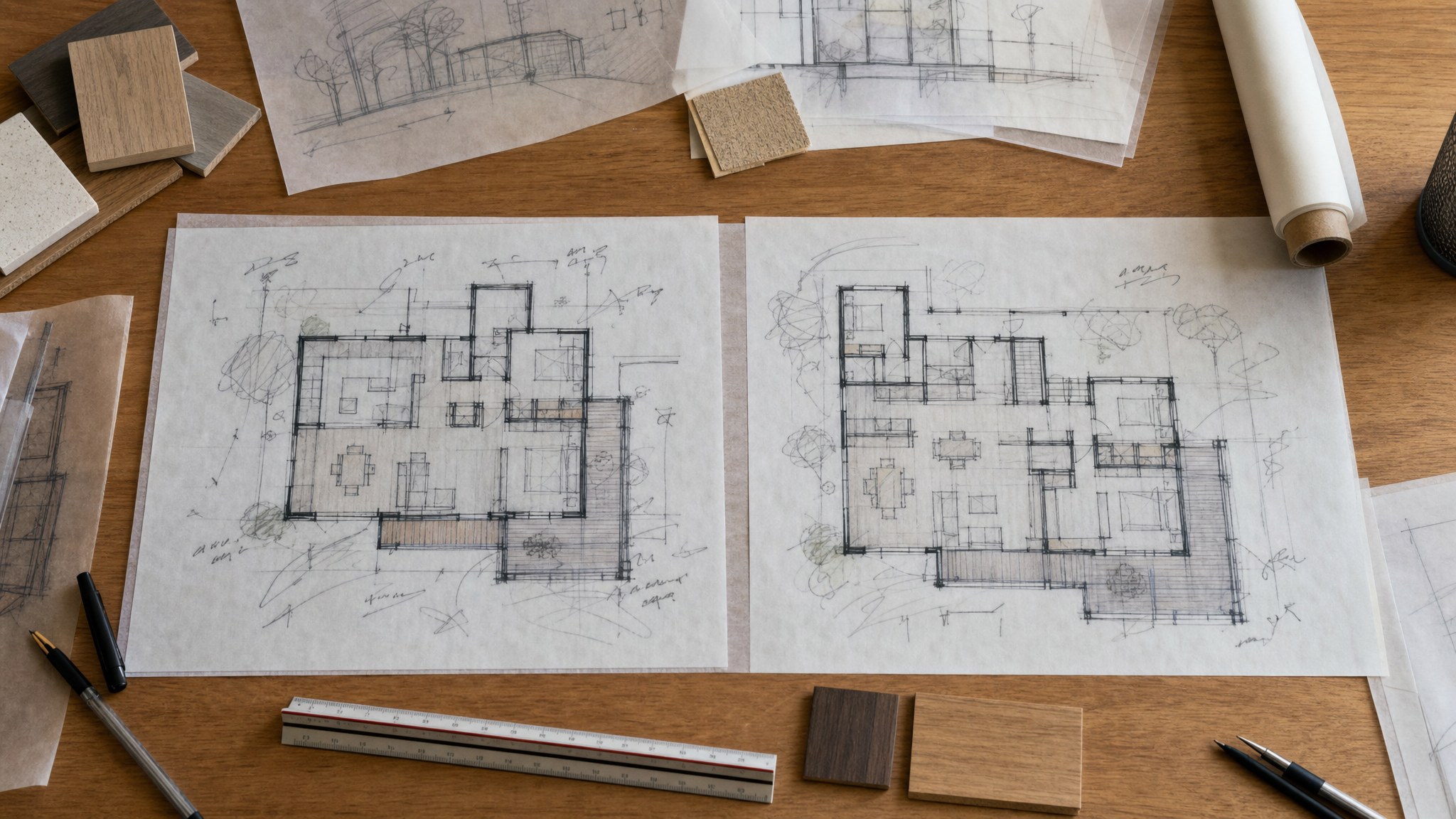 Two hand-drawn residential plan options on a Vermont architect's worktable