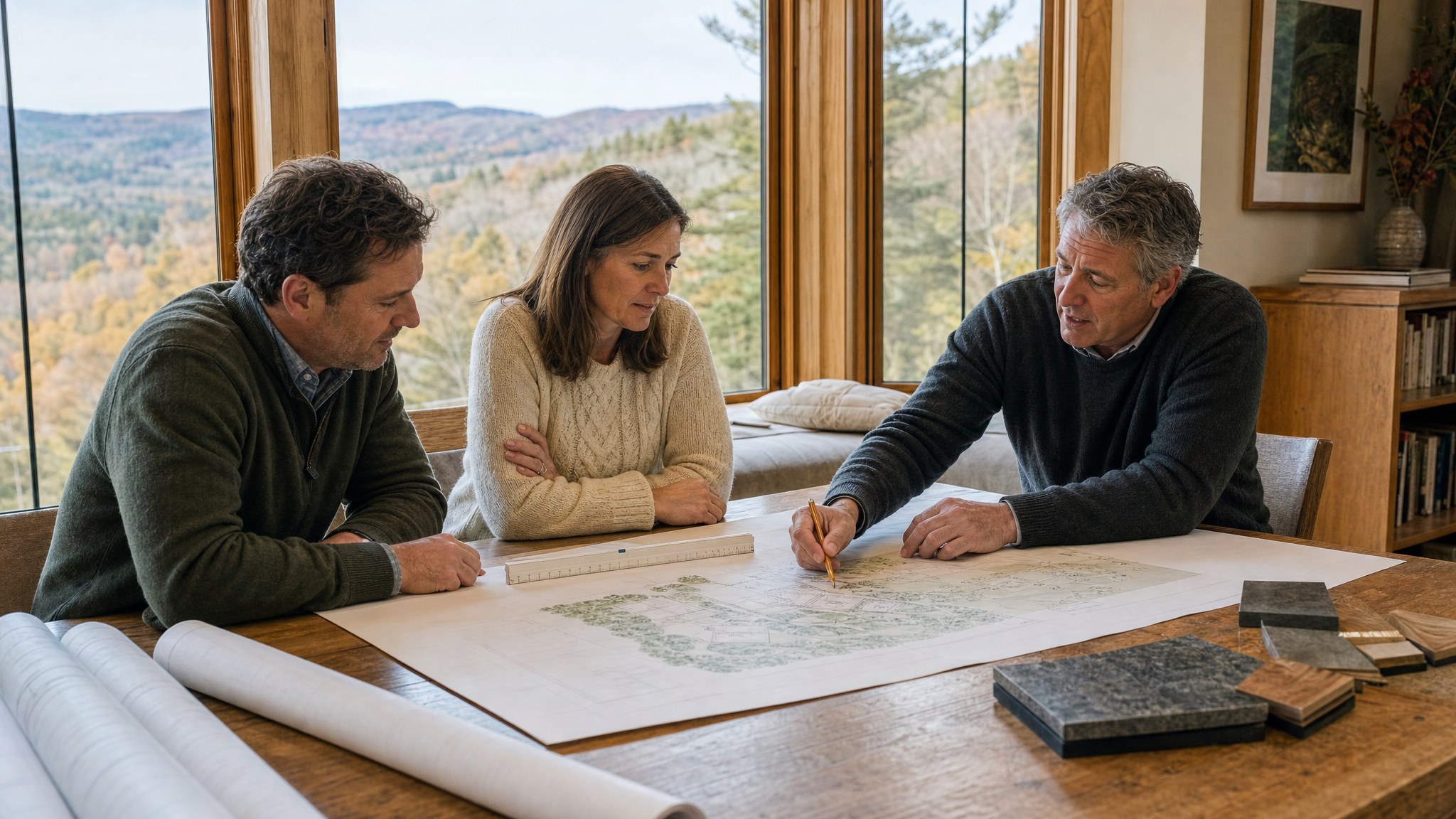 A residential architect and homeowners reviewing a site plan in a Vermont home