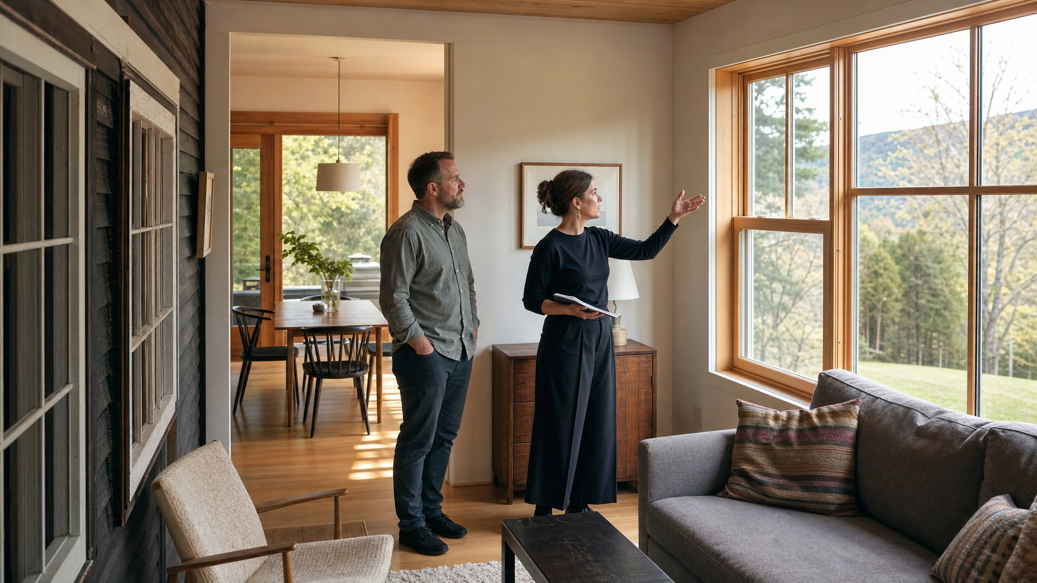 A residential architect and homeowner reviewing daylight in a finished Vermont home addition