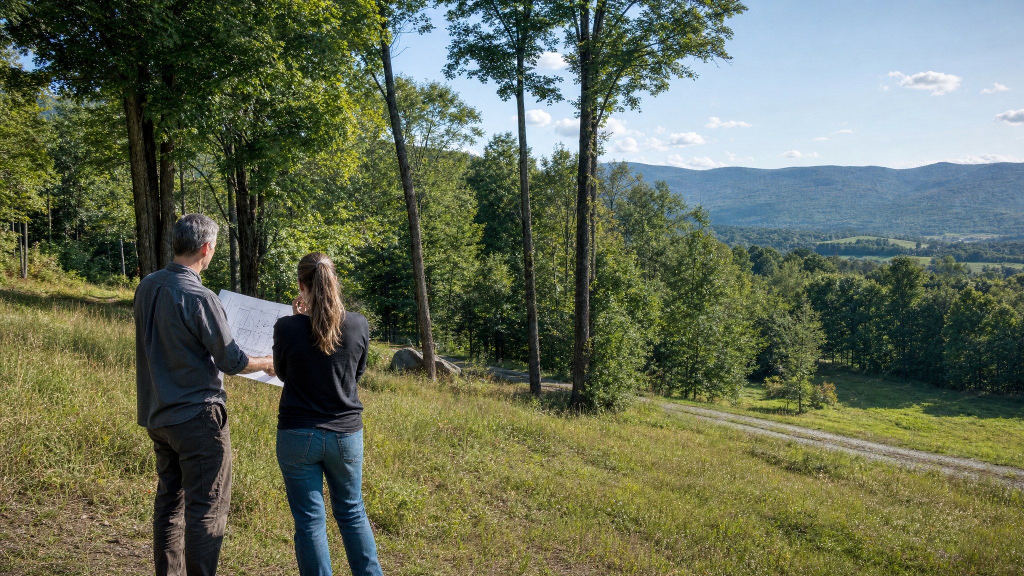 A residential architect and homeowner reviewing a possible Vermont homesite