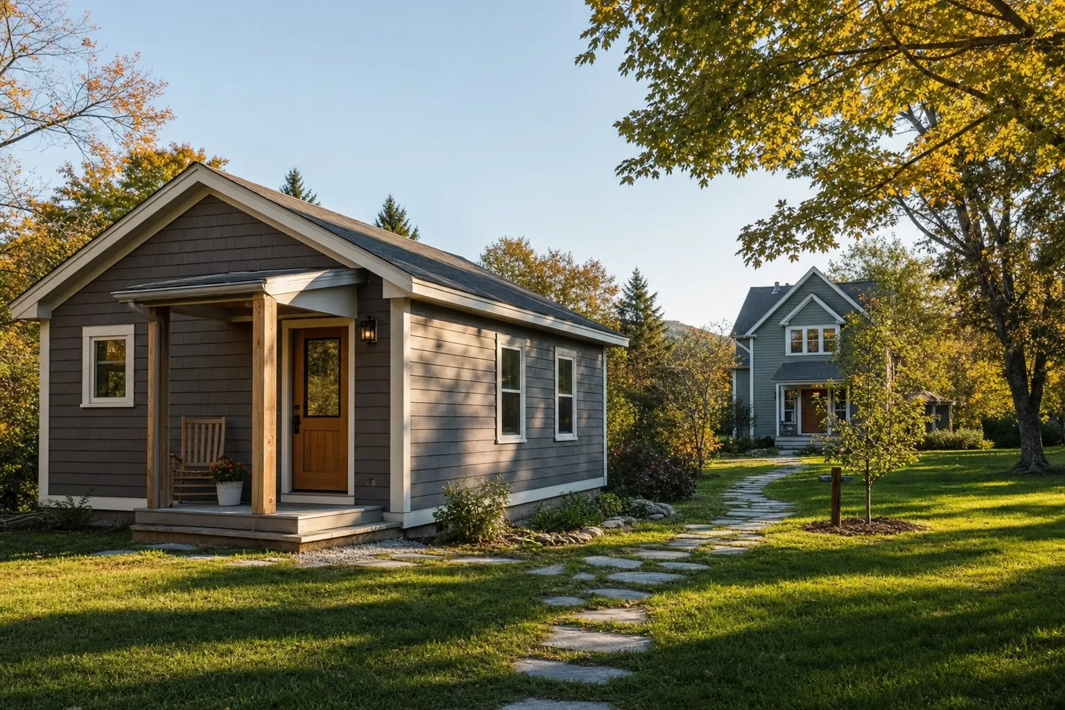 A small Vermont backyard cottage with its own covered entry and a path to the main home