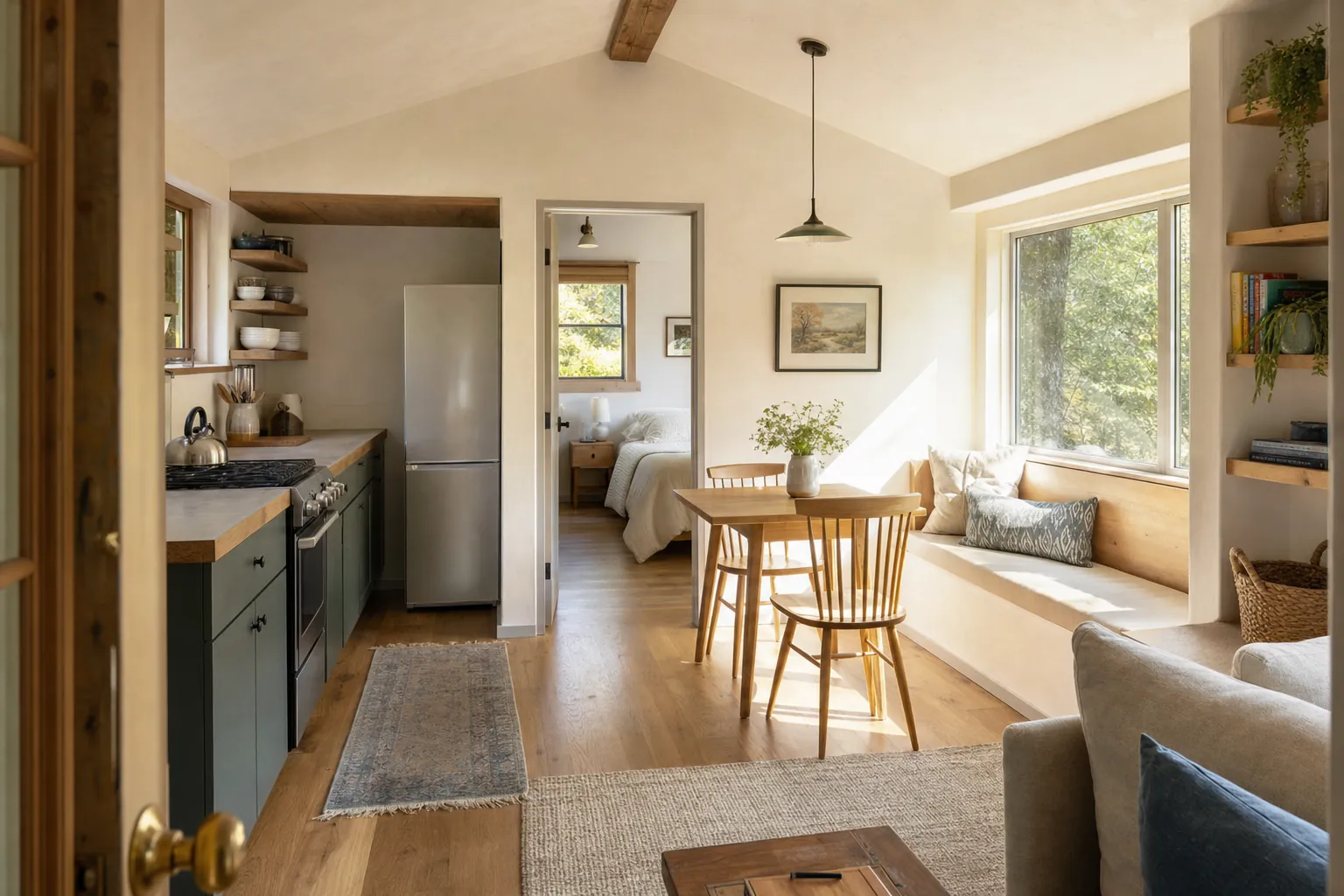 A compact Vermont cottage interior with a small kitchen, dining table, window seat, and bedroom beyond