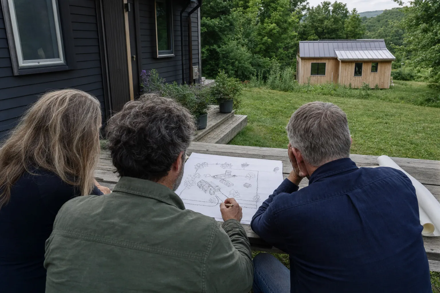 Homeowners and a residential designer reviewing a site sketch beside a Vermont home