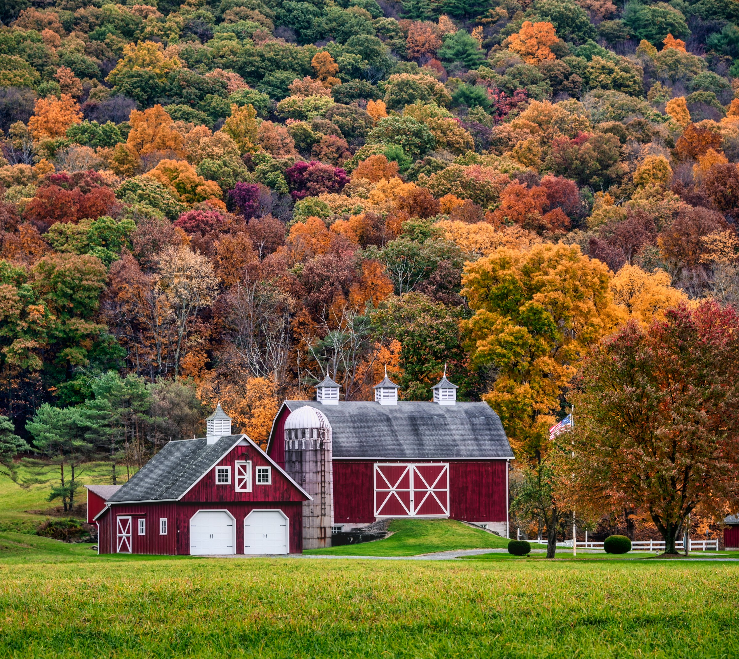 A timber-frame barn surrounded by autumn foliage
