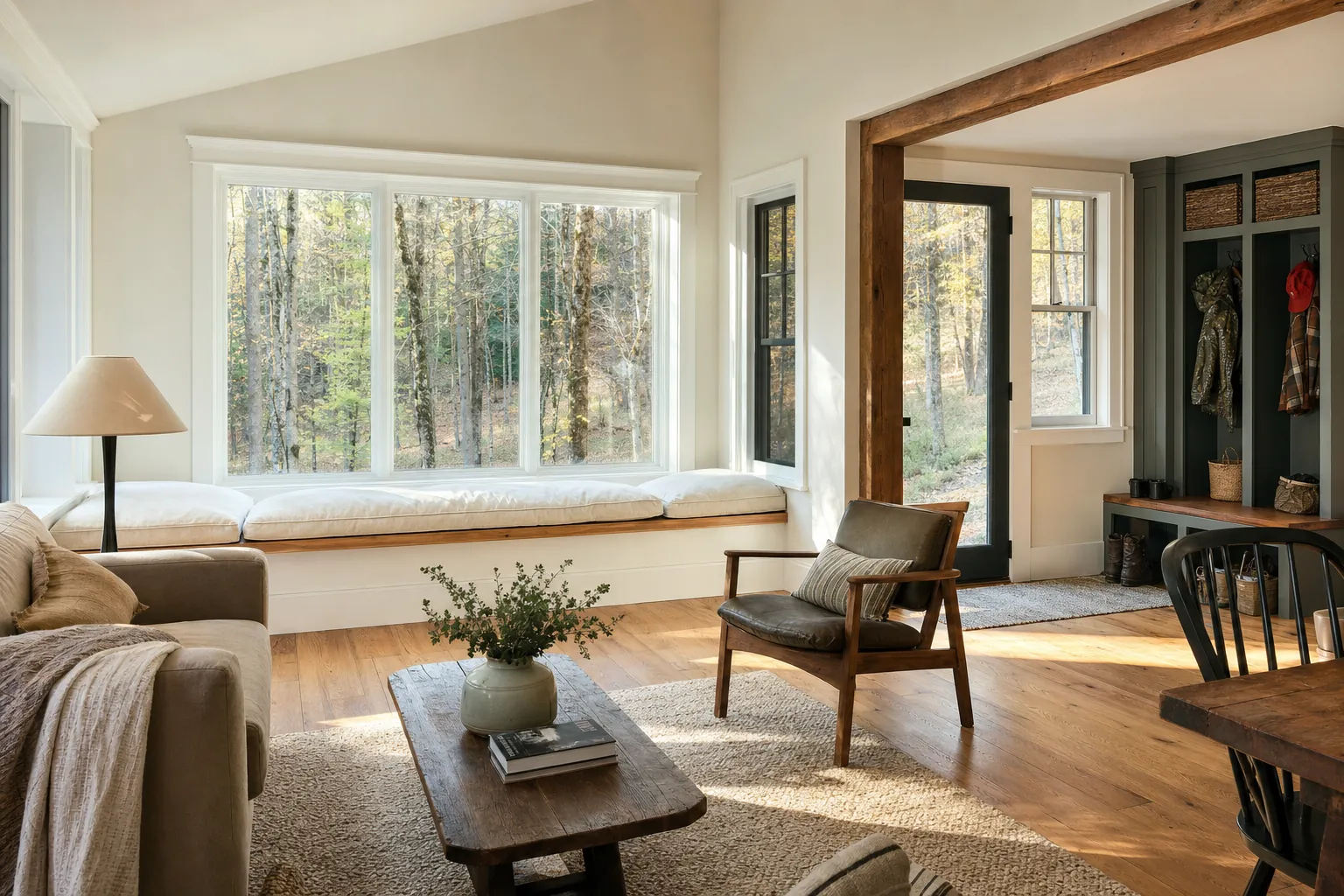A finished Vermont home addition with a window seat, living space, and practical entry storage