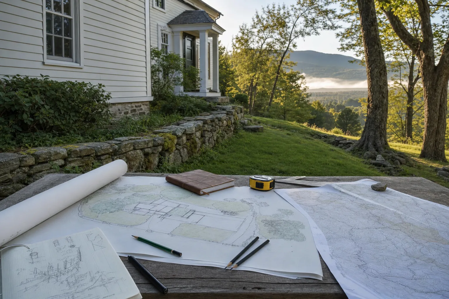 Site plans, sketches, and measuring tools set beside a Vermont home and sloping yard