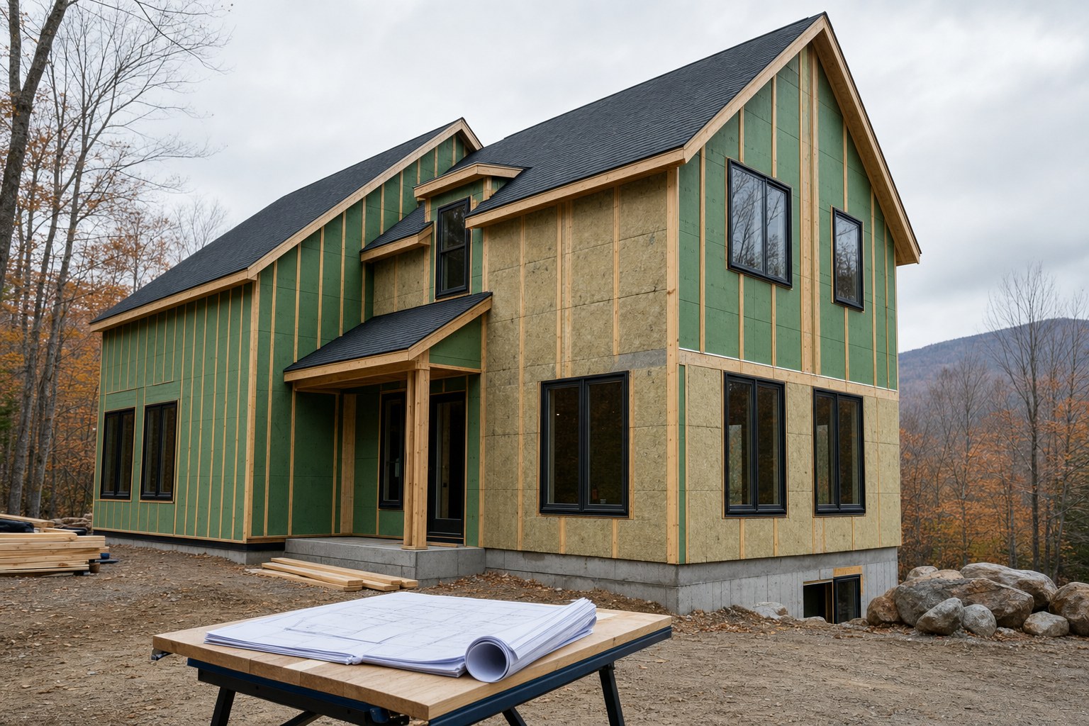 A Vermont house under construction with its roof, insulation, and windows in place