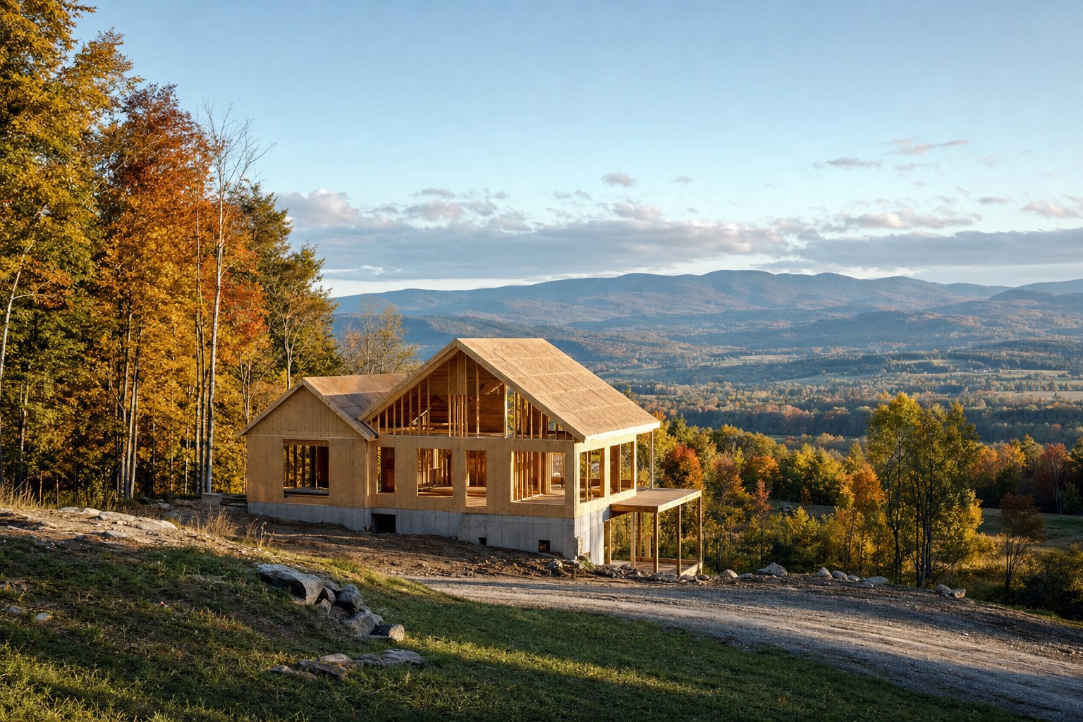 A Vermont home under construction on a hillside with Green Mountain views