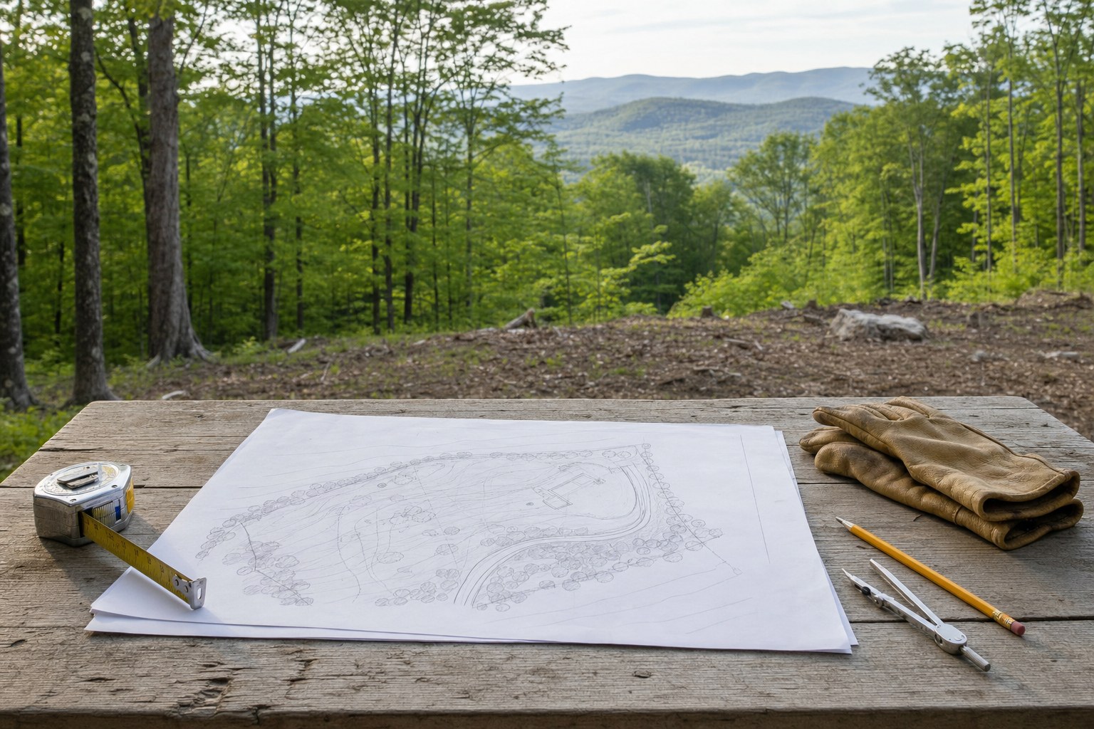 A site plan and measuring tools on a table overlooking a wooded Vermont building parcel