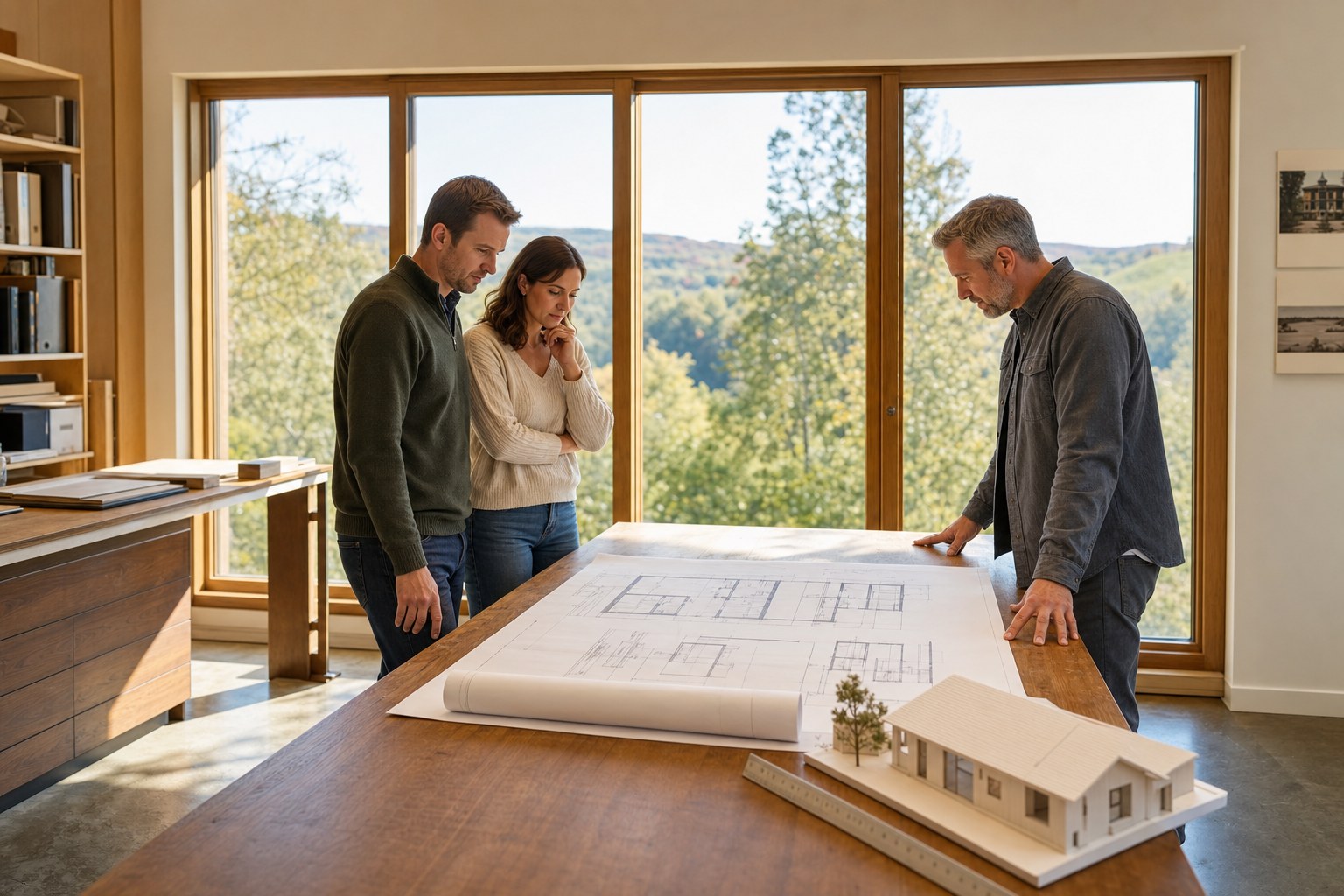 Homeowners and an architect reviewing a floor plan in a Vermont design studio